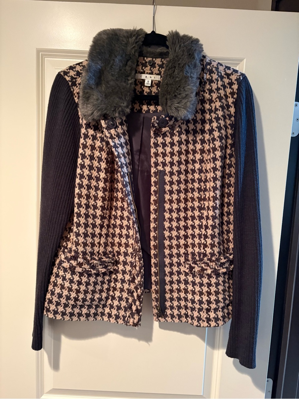 CAbi Houndstooth Knit Jacket with Faux Fur Collar - gray & Cream